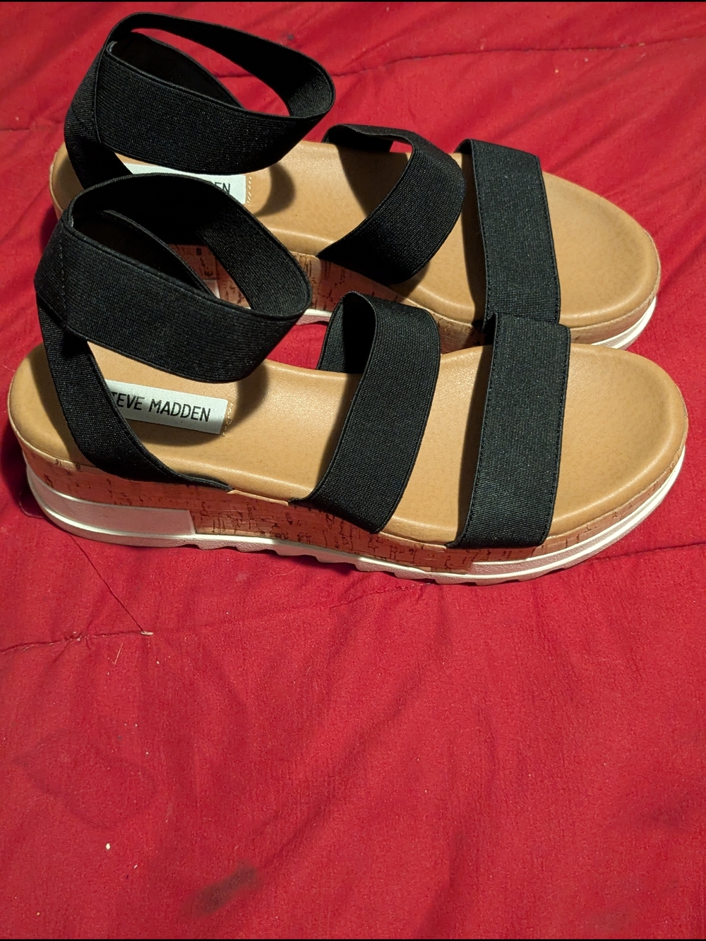 Steve Madden Black Elastic Strap Cork-Platform Sandals